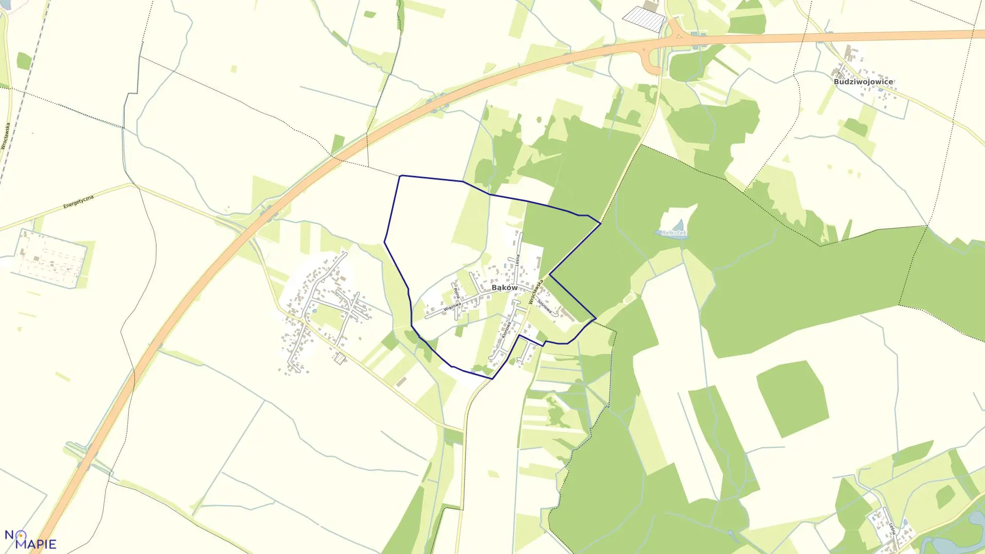 Mapa obrębu Bąków w gminie Długołęka