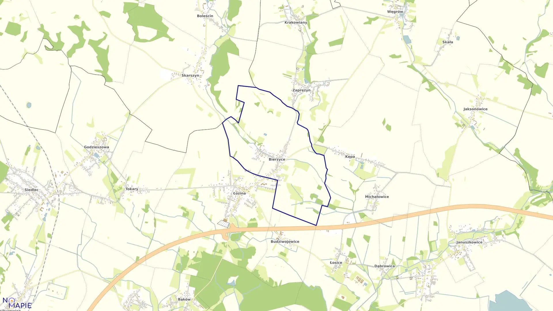 Mapa obrębu Bierzyce w gminie Długołęka