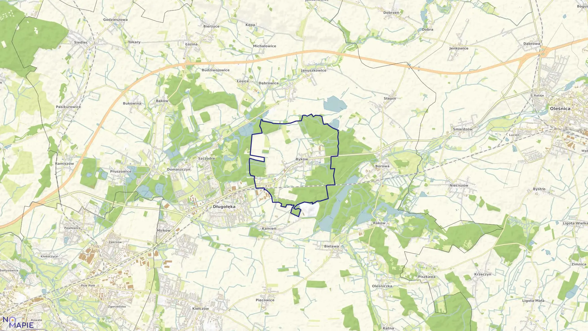 Mapa obrębu Byków w gminie Długołęka