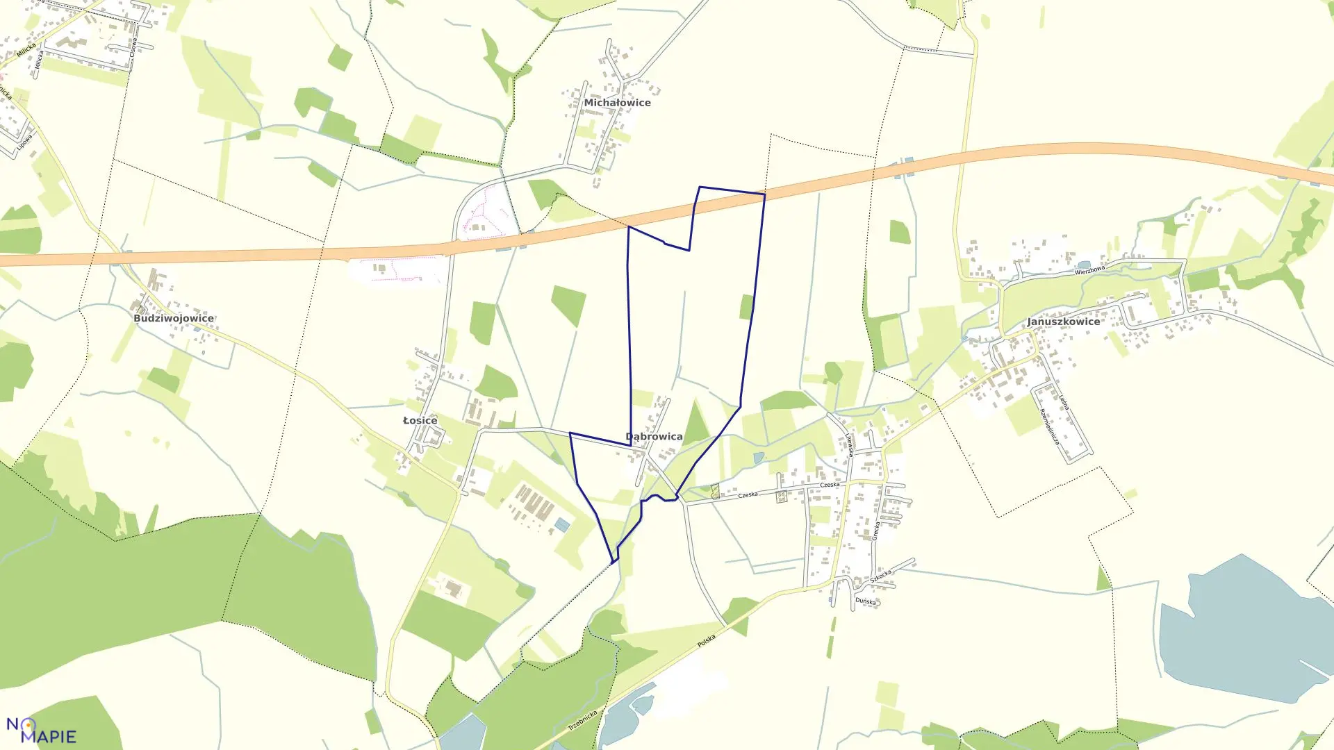 Mapa obrębu Dąbrowica w gminie Długołęka