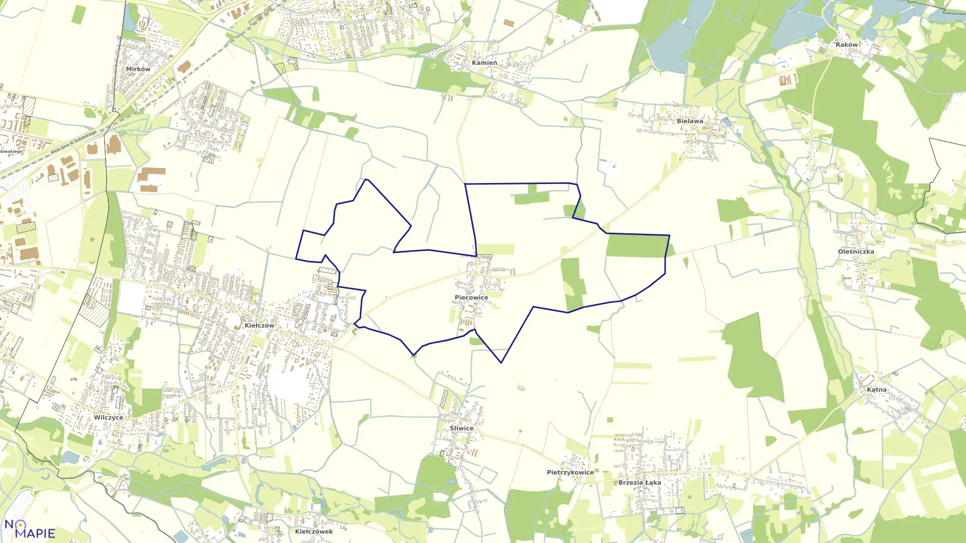 Mapa obrębu Piecowice w gminie Długołęka