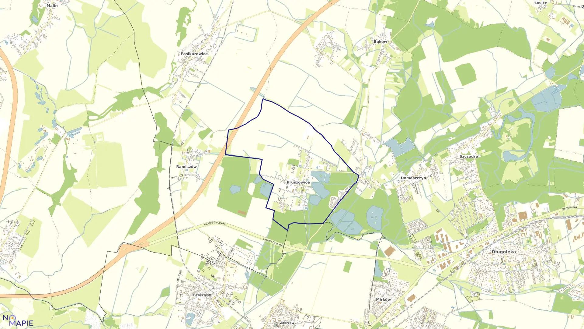 Mapa obrębu Pruszowice w gminie Długołęka